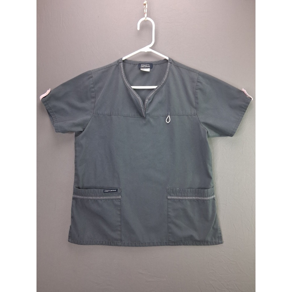 Dynasty Uniforms Scrub Top Womens XS Gray V-Neck Pocket Zigzag Stitch Trim